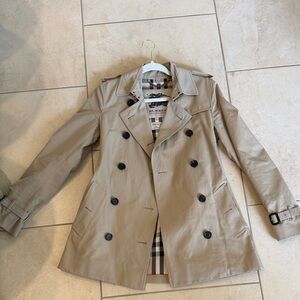 Burberry Tan Double-Breasted Trench Coat with Check Lining